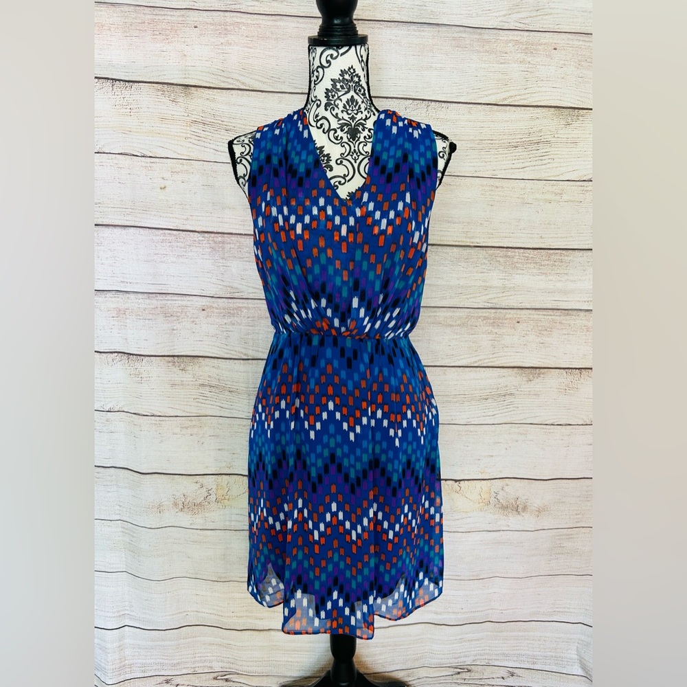 Calvin Klein Women’s Blue Chevron Dotted V-Neck Layered Blouson Mini Dress Sz 4